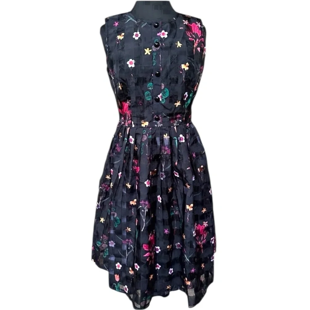 NWT Voodoo Vixen Dress Womens‎ Size Large Black Aline Floral Sleeveless Retro - Picture 2 of 15